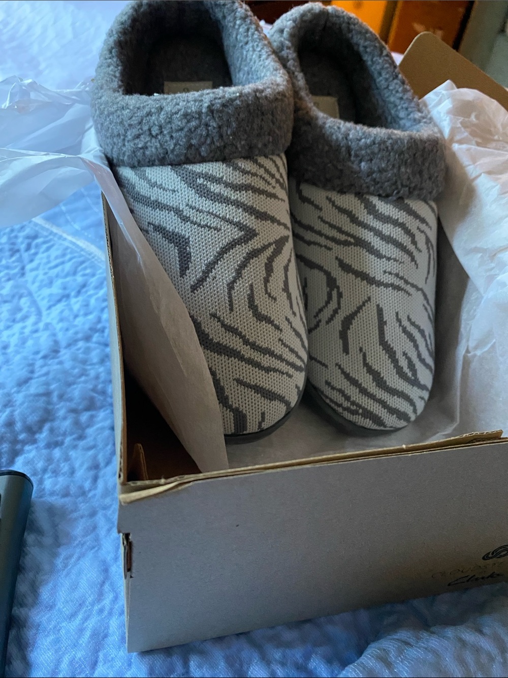 Clarks Gray Zebra Print Plush Cuff Slip-On Slippers
